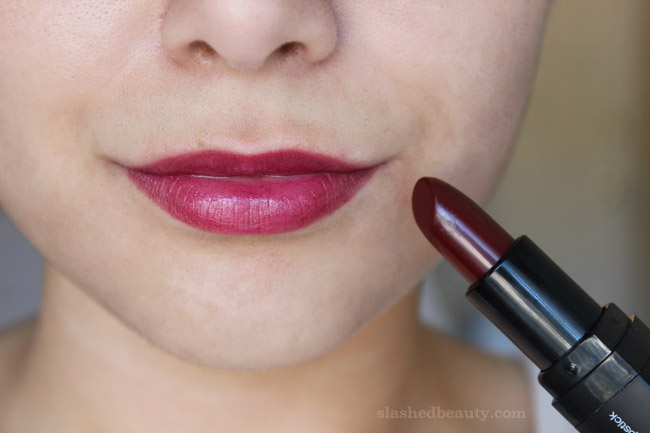 New e.l.f. Studio Moisturizing Lipsticks for Fall - Click through to see lip swatches of all the new shades! This one is called Bordeaux Beauty | Slashed Beauty