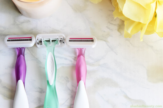 I'm always buying disposable razors because they're so much cheaper than cartridges... but I've finally found one that doesn't actually feel disposable. Click through for my review of the BIC® Soleil® Glow® razors, with features you'd expect from fancier models! | Slashed Beauty width=