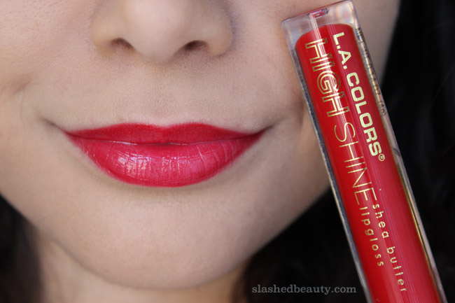 Can you believe this dollar store brand delivers such beautiful lipglosses? Click through for swatches of five of the new L.A. Colors High Shine Shea Butter Lipgloss shades. This one is the shade Dynamite.