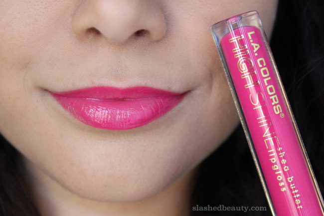 Can you believe this dollar store brand delivers such beautiful lipglosses? Click through for swatches of five of the new L.A. Colors High Shine Shea Butter Lipgloss shades. This one is the shade Flaunt.