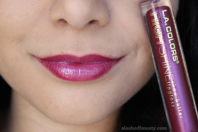 Can you believe this dollar store brand delivers such beautiful lipglosses? Click through for swatches of five of the new L.A. Colors High Shine Shea Butter Lipgloss shades. This one is the shade Mingle-- my favorite!