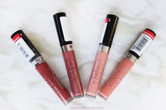 The NYC Expert Last Lip Lacquers are the newest lip gloss and lipstick fusion in the drugstore. Click through to see swatches of four gorgeous shades. | Slashed Beauty
