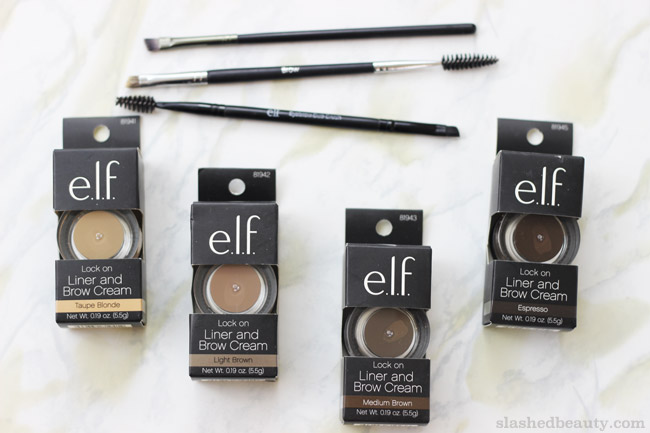 Get brows on point while pinching pennies with the e.l.f. Lock On Liner & Brow Cream. Click through for swatches!