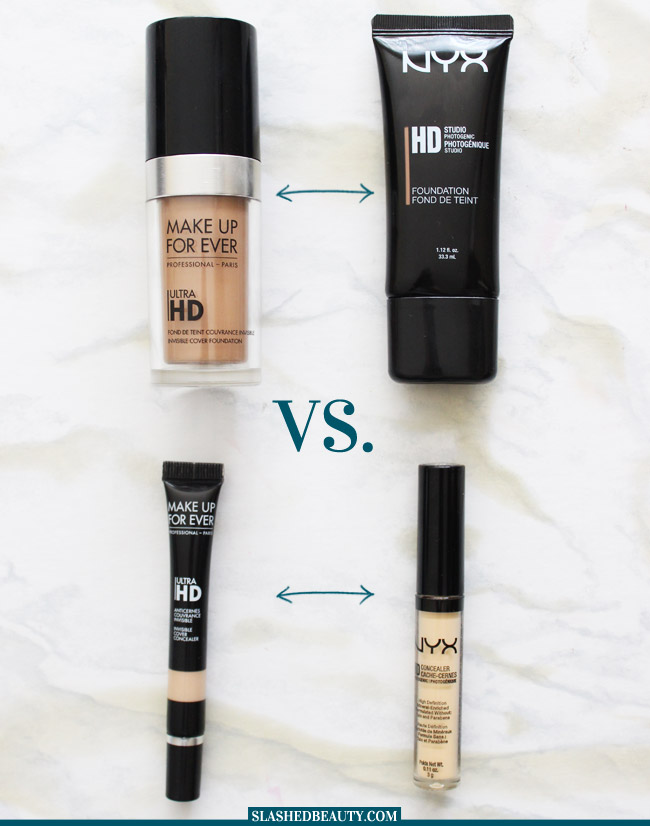Are the NYX HD products actually Make Up For Ever dupes? Check out my comparison between the NYX HD Foundation and Concealer and the Make Up For Ever Ultra HD Foundation and Concealer. | Slashed Beauty