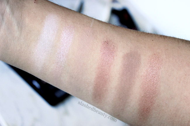 Swatches from the NYC Lovatics by Demi Natural Eyeshadow Palette. Click through to see why this is one of my new favorite drugstore products. | Slashed Beauty