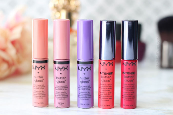What's the difference between the NYX Butter Gloss and NYX Intense Butter Gloss? Read the review and see swatches of five spring-ready shades! | Slashed Beauty
