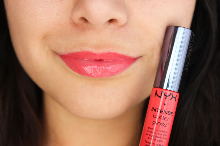 What's the difference between the NYX Butter Gloss and NYX Intense Butter Gloss? Read the review and see swatches of four other spring-ready shades! This is the shade SUMMER FRUIT | Slashed Beauty
