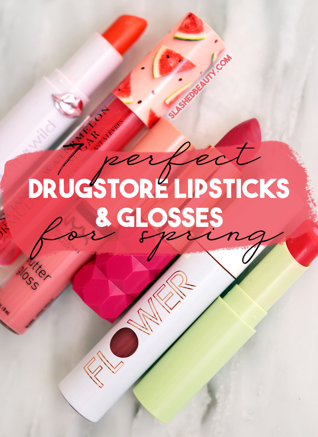 Seven pring drugstore lipsticks and lipglosses lying flat on a marble surface | 7 Perfect Spring Drugstore Lipsticks & Lip Glosses | Slashed Beauty