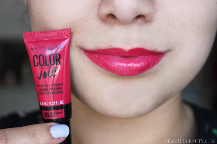 See swatches of 4/8 Maybelline Color Jolt Intense Lip Paints and see how they compare to the Too Faced Melted Lipsticks! This is the shade TALK BACK RED | Slashed Beauty