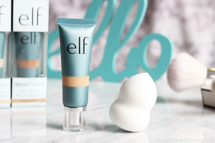 The new e.l.f. Aqua Beauty Mousse Foundation gives you radiant coverage with a lightweight feel. See a before & after and read the full review to see how it's different than its description! | Slashed Beauty