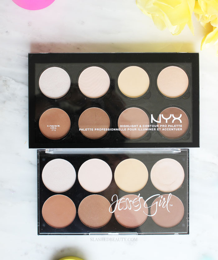 Battle of the Drugstore Contour Palettes! Which one is better: NYX Highlight & Contour Pro Palette or Jesse's Girl Highlight and Contour Kit? See swatches! | Slashed Beauty