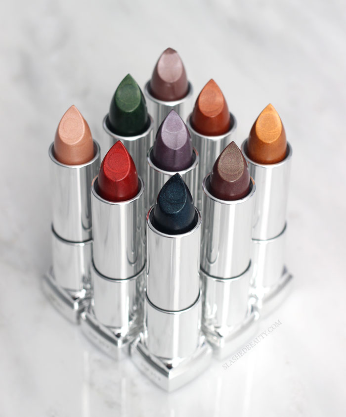 Check out the brand new Maybelline Color Sensational Matte Metallics Lispticks-- ten brand new shades that will bring you from summer to fall in bold style. See swatches and read the review! | Slashed Beauty