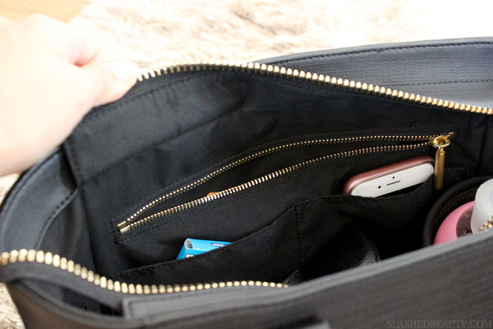 Take a look inside what I consider to be the best purse for everything: the Dagne Dover Midi Tote. | Slashed Beauty