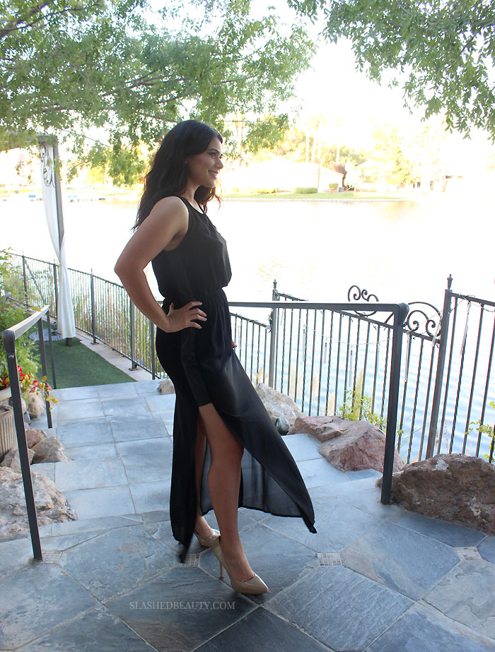 Check out my thrifted dinner date outfit: a  black maxi dress and nude pumps... but wait til you see what I ate in it! | Slashed Beauty