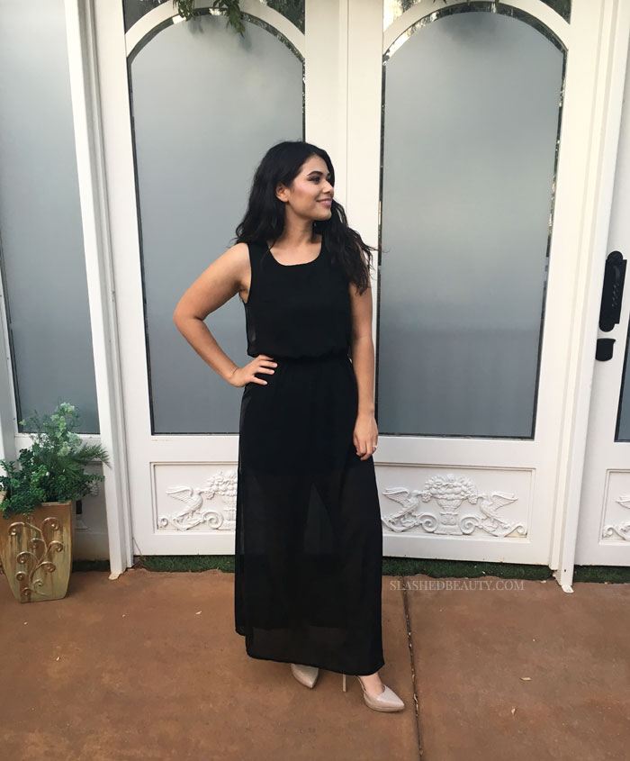 Check out my thrifted dinner date outfit: a  black maxi dress and nude pumps... but wait til you see what I ate in it! | Slashed Beauty