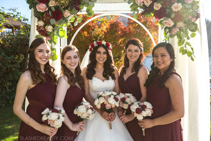 Wine Bridesmaids Dresses for Fall: See more wedding photos from this red fall wedding at Bass Lake (The Pines Resort). | Slashed Beauty