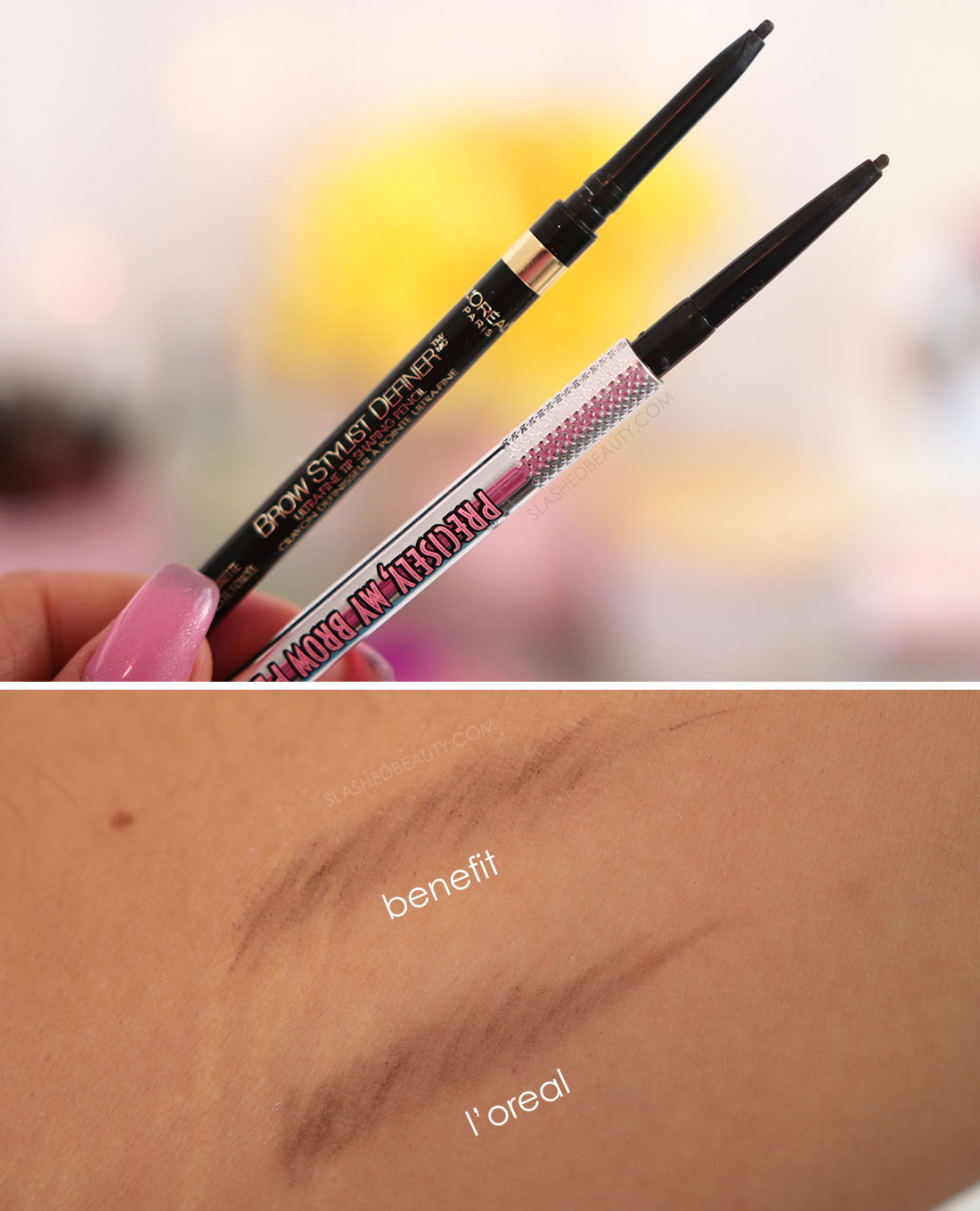 Benefit Precisely My Brow and L'Oreal Brow Stylist Definer Pencil side by side, swatched | 5 Drugstore Dupes of High End Makeup Faves | Slashed Beauty