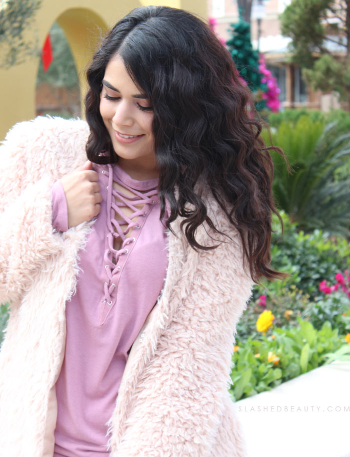 Pink faux furry coat: Bold Coats & Statement Outerwear is how I'm adding a pop of fun and color to my staple looks. Get outfit inspo! | Slashed Beauty