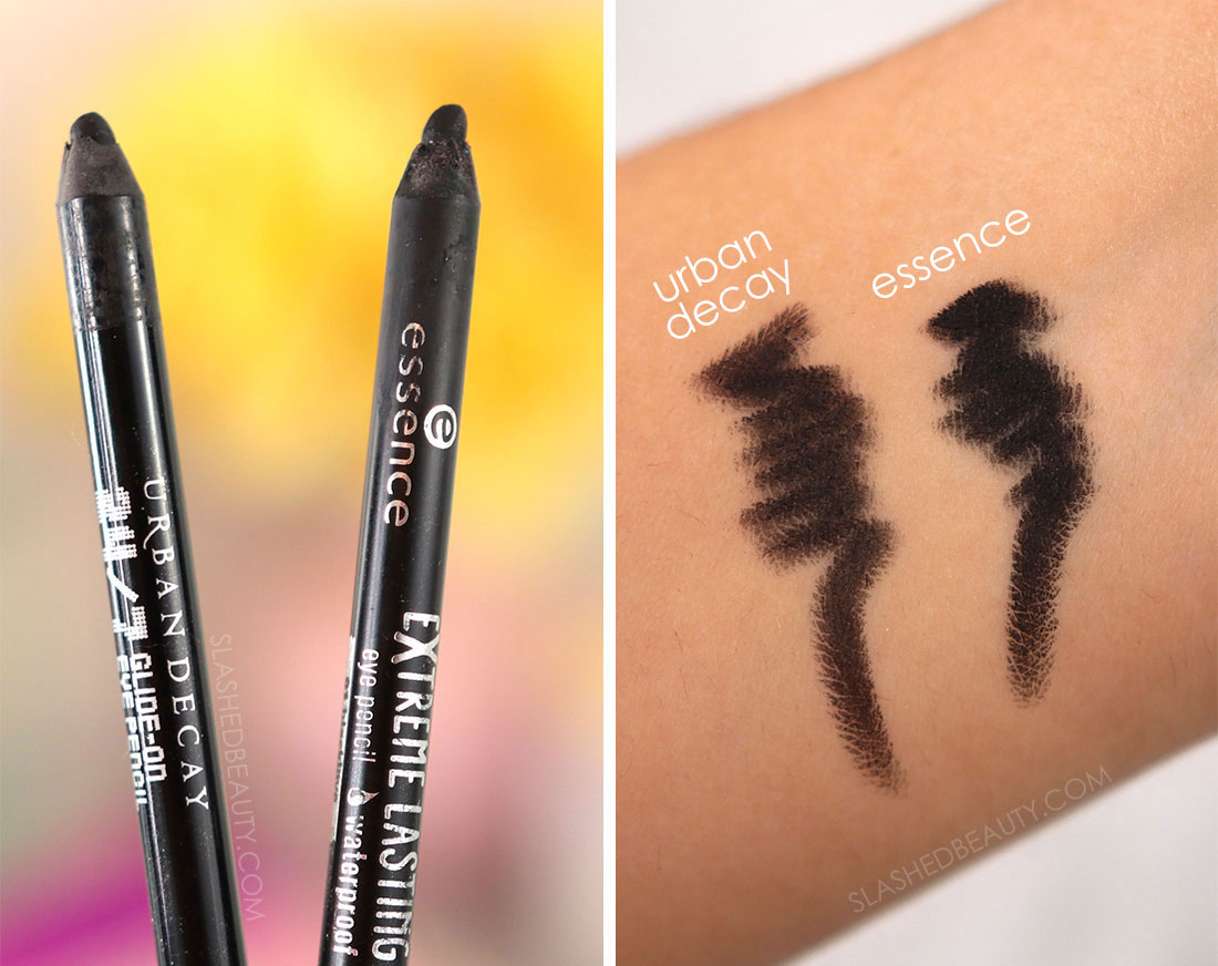 Urban Decay 24.7 Glide On Eyeliner and Essence Extreme Lasting Waterproof Eye Pencil side by side, swatched | Urban Decay Eyeliner Dupe | 5 Drugstore Dupes of High End Makeup Faves | Slashed Beauty