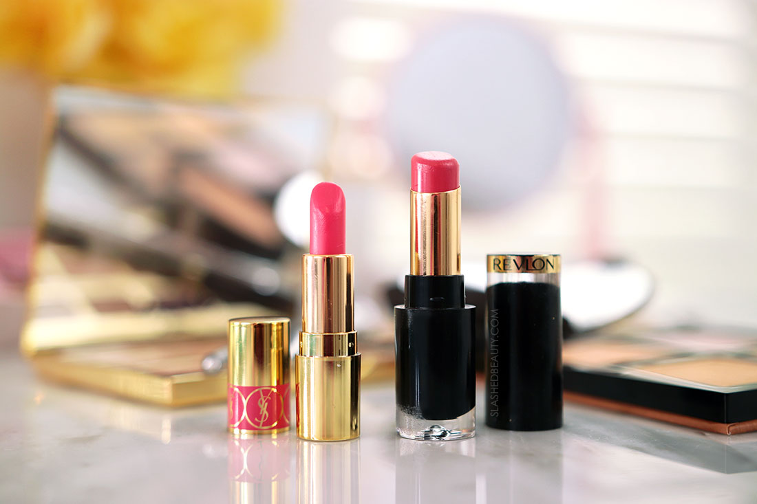 YSL Rouge Volupte Shine Lipstick and Revlon Super Lustrous Glass Shine Lipstick side by side | 5 Drugstore Dupes of High End Makeup Faves | Slashed Beauty