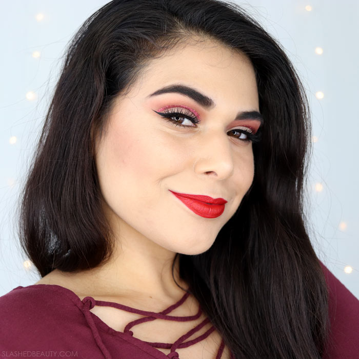 This easy Valentine's Day Makeup features a red glitter cut crease that uses a short-cut for the on-trend look. Watch the makeup tutorial video! | Slashed Beauty