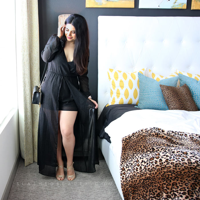 Black romper dress for special occasions: I love this black and gold nighttime outfit. | Slashed Beauty