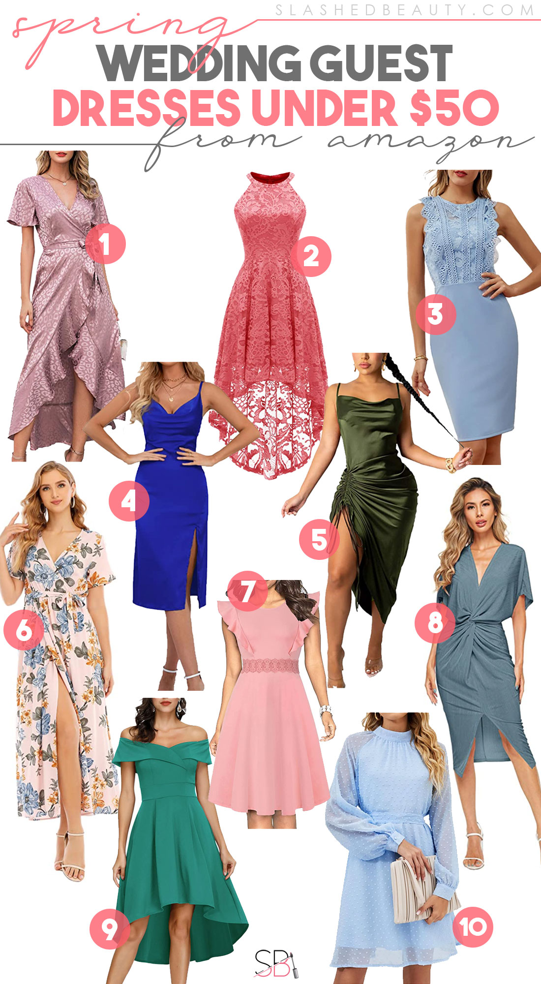 Collage of dresses with text title: Spring Wedding Guest Dresses Under $50 from Amazon | Slashed Beauty