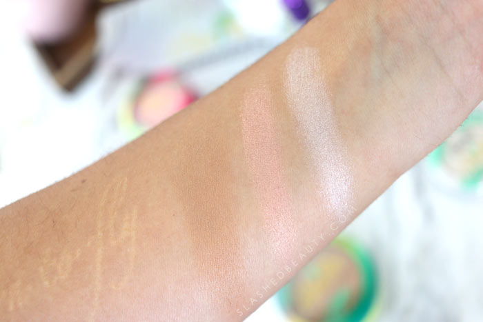 Swatches of the Butter Blush, Butter Bronzer and Butter Highlight inside the Physicians Formula Butter Collection box. | Slashed Beauty