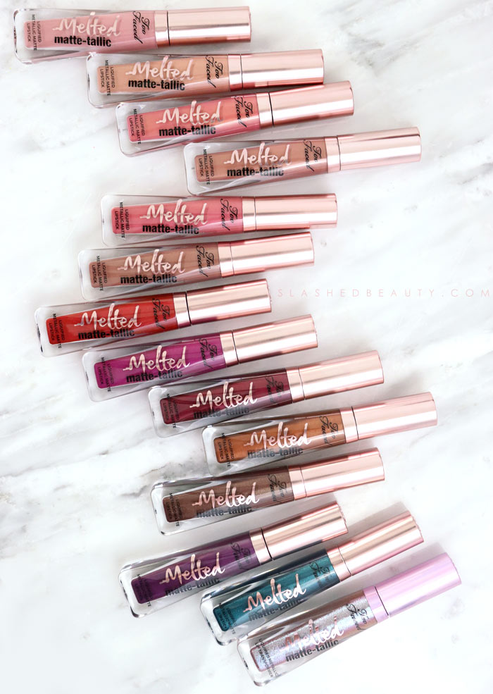 Peep the brand new Too Faced Melted Matte-tallics Brushed Metal Matte Lipsticks. See swatches and read the review: are they worth the splurge? | Slashed Beauty