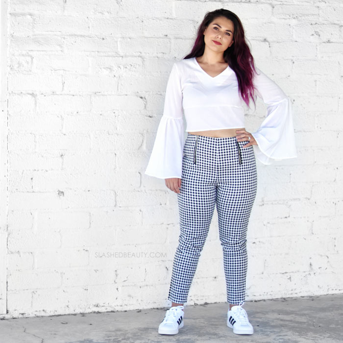 2018 Zaful Haul & Review Size 8 Woman. Transition to Fall outfit featuring high waisted gingham pants and a white bell sleeve flare blouse. | Slashed Beauty
