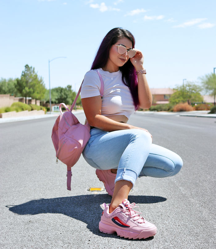 How to style pink Fila Disruptor 2 outfit - Chunky Sneaker Trend | Slashed Beauty