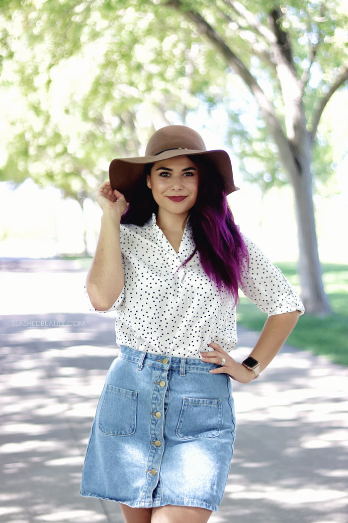2018 Zaful Haul & Review Size 8 Woman. Transition to Fall outfit featuring polka dot v-neck blouse and button up denim skirt. | Slashed Beauty