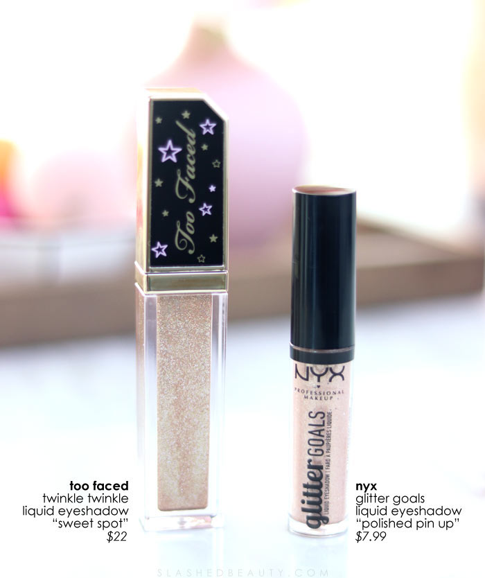 Drugstore Dupe of Too Faced Tutti Frutti Twinkle Twinkle Liquid Glitter Eyeshadow? Compare it to the NYX Glitter Goals Eyeshadow | Slashed Beauty