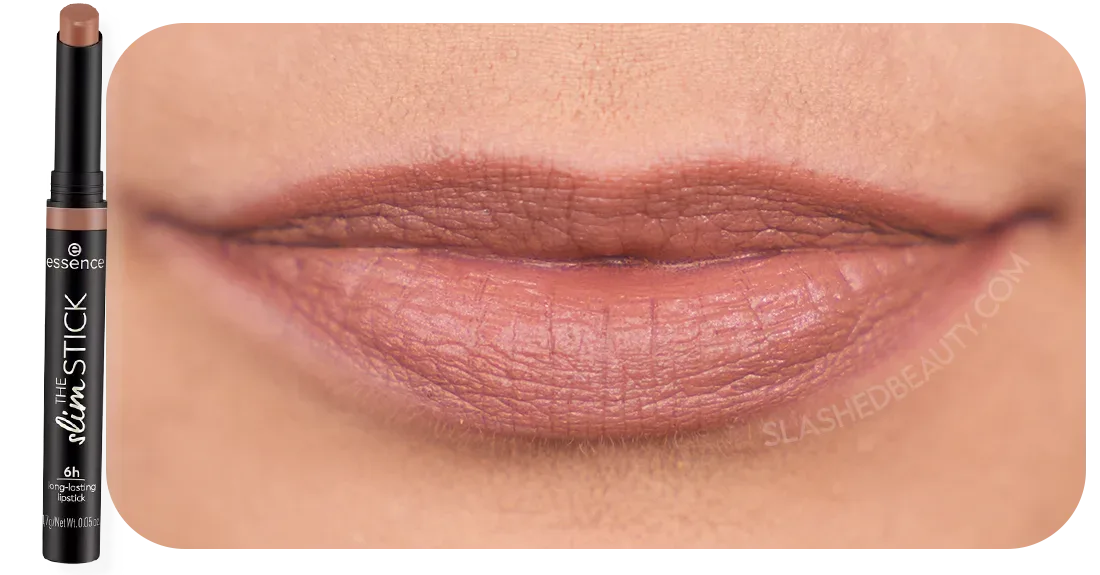 Close up lip swatch of essence The Slim Stick in Choc-O-Holic | 8 Perfect Shades of Drugstore Lipsticks for Fall | Slashed Beauty