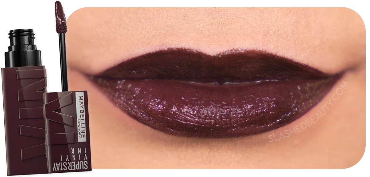 Close up lip swatch of Maybelline Vinyl Ink Liquid Lip Color in Charged | 8 Perfect Shades of Drugstore Lipsticks for Fall | Slashed Beauty