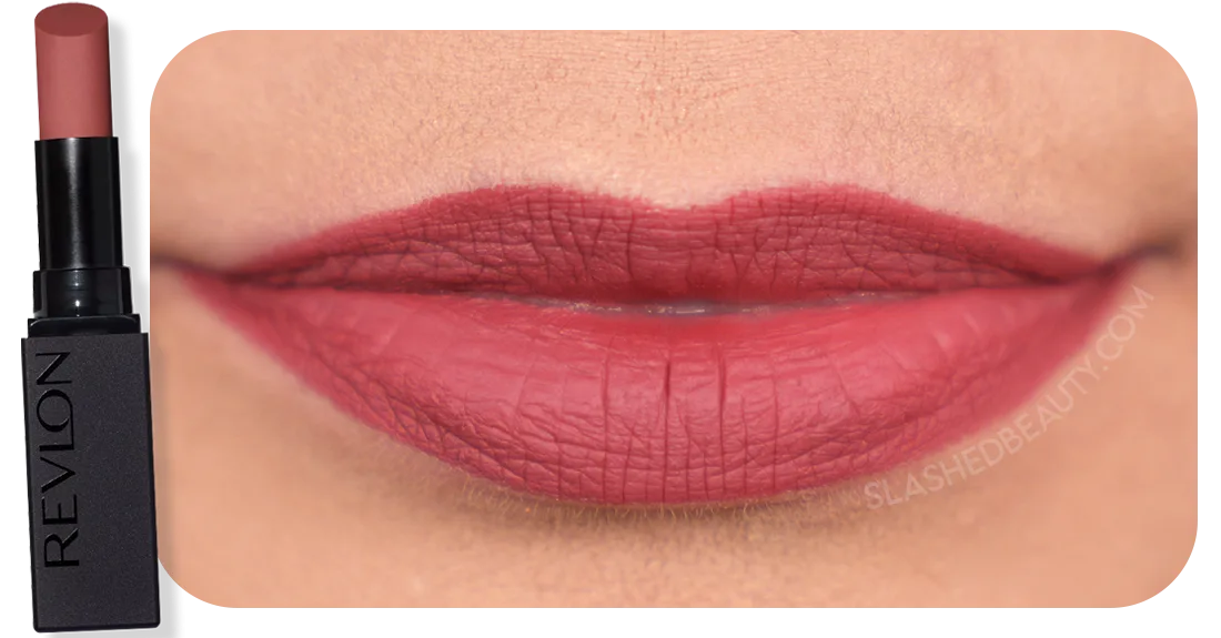 Close up lip swatch of Revlon ColorStay Suede Ink Lipstick in Want It All | 8 Perfect Shades of Drugstore Lipsticks for Fall | Slashed Beauty