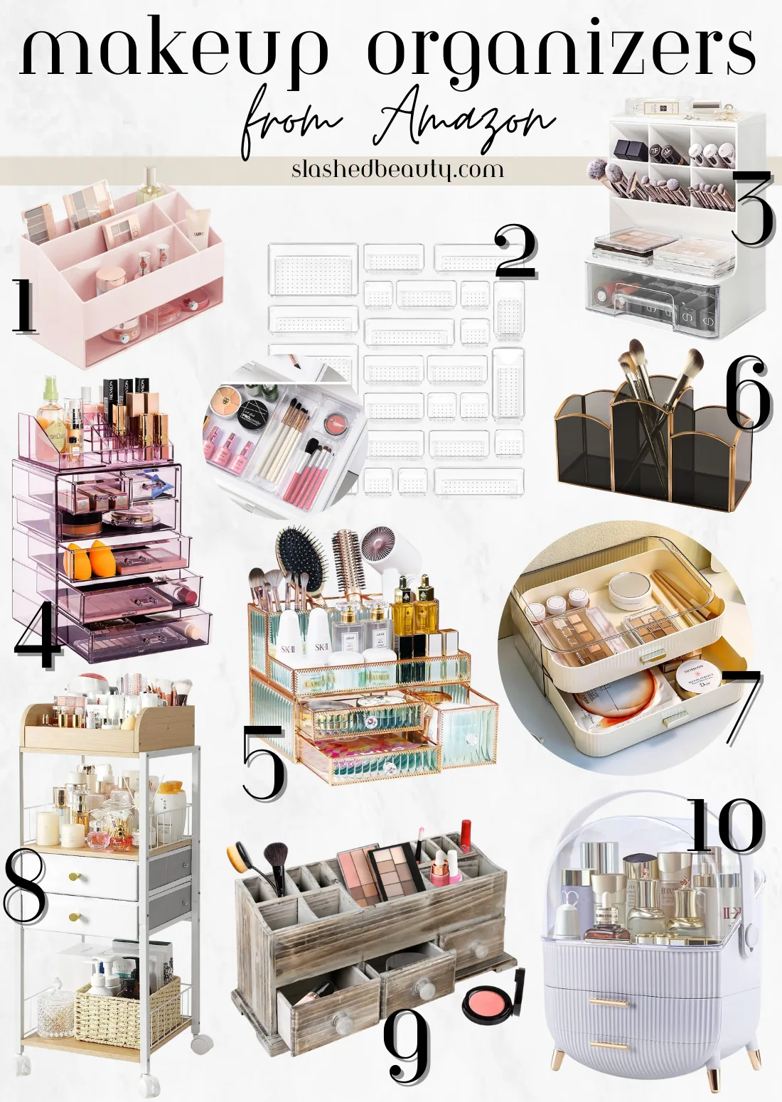 Collage of 10 cute makeup organizers from Amazon | Slashed Beauty
