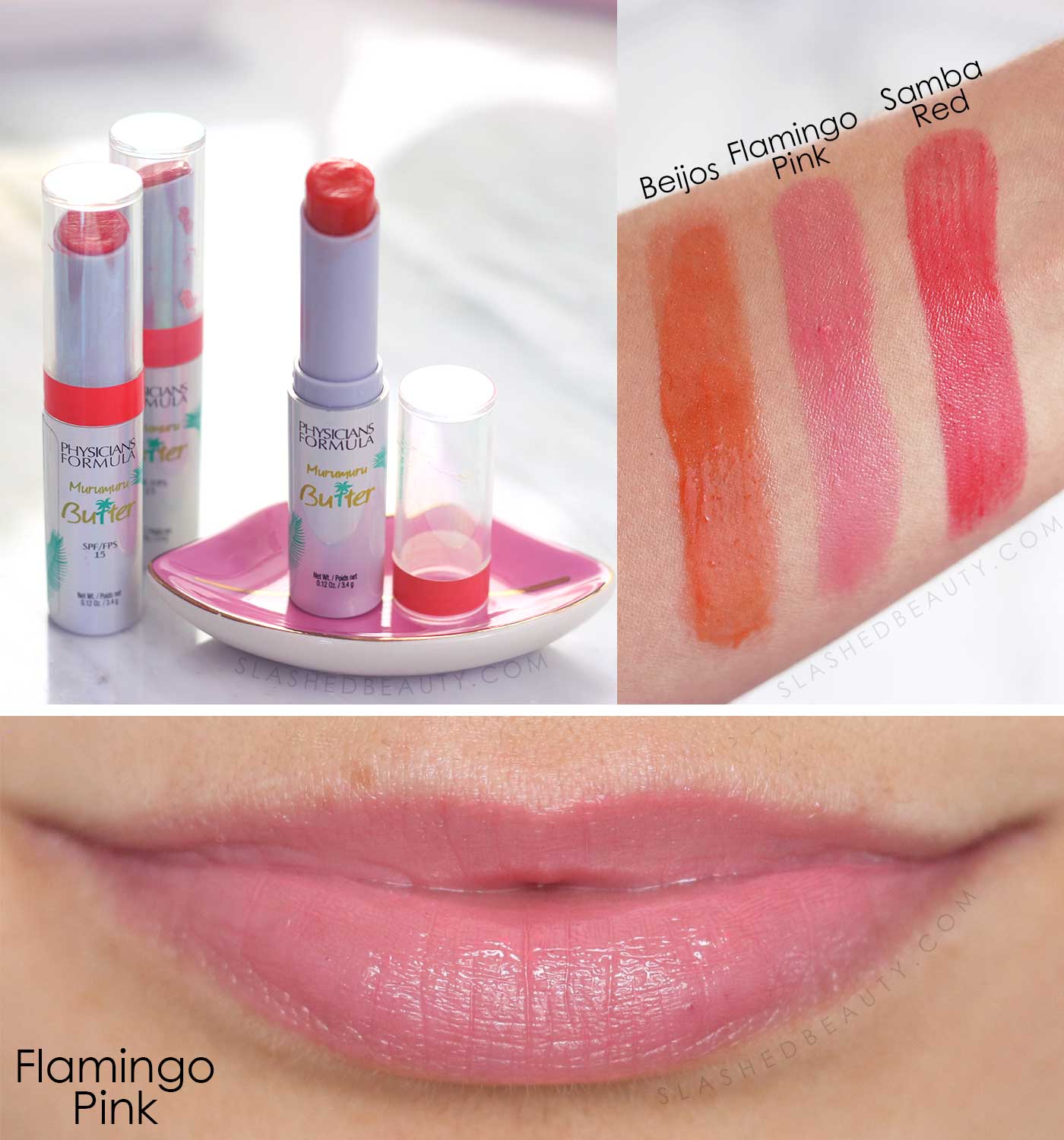 Physicians Formula Butter Lip Cream Swatches | Beijos, Flamingo Pink, Samba Red | 5 Best Drugstore Tinted Lip Balms | Slashed Beauty