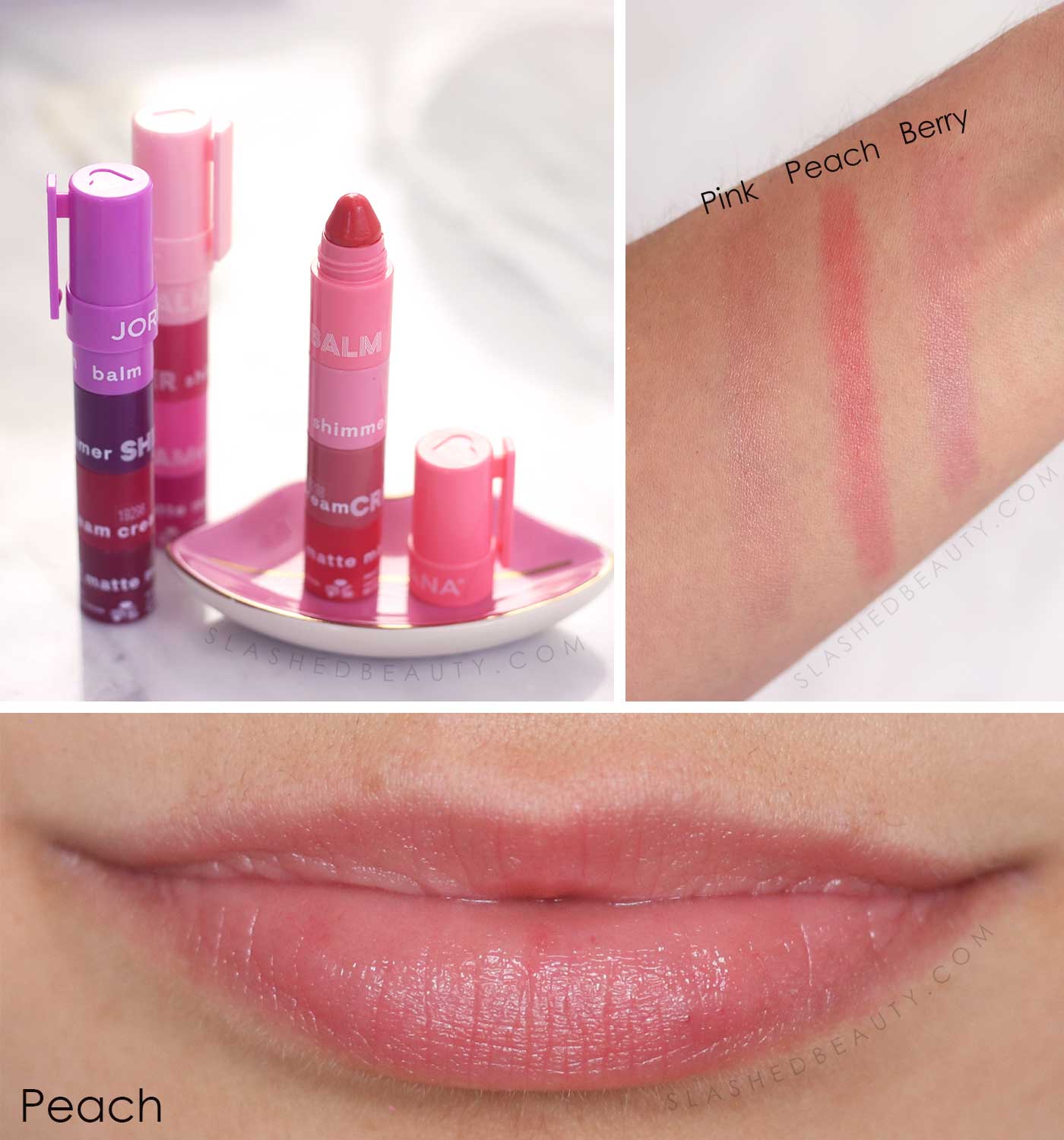 Jordana Lip Colorstax Balm Swatches | Pink, Peach, Berry | 5 Best Drugstore Tinted Lip Balms | Slashed Beauty