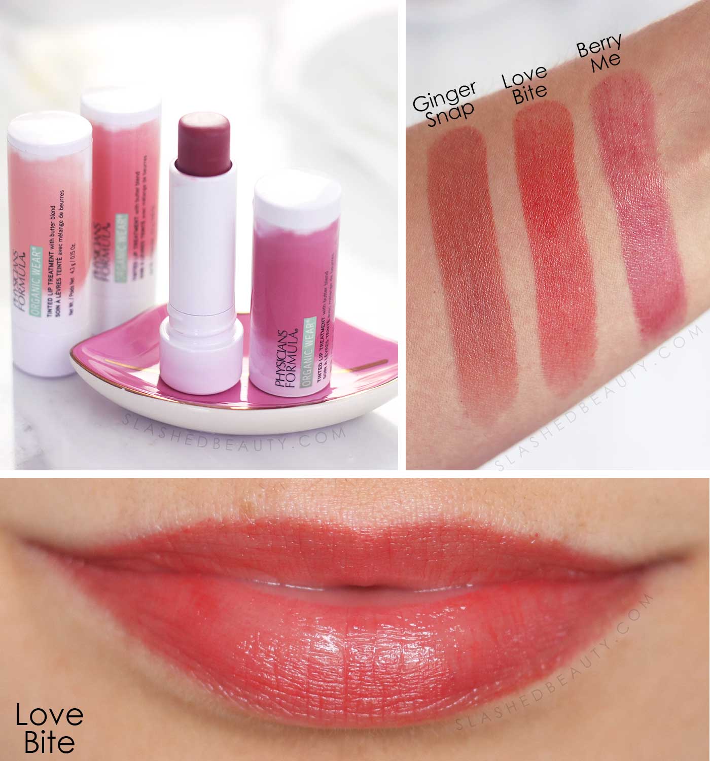 Physicians Formula Tinted Lip Treatment Swatches | Ginger Snap, Love Bite, Berry Me | 5 Best Drugstore Tinted Lip Balms | Slashed Beauty