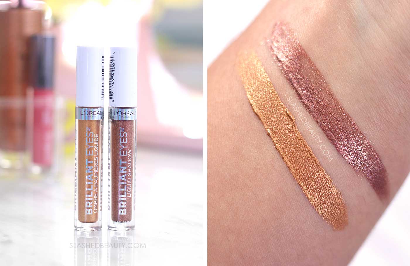 L'Oreal Brilliant Eyes Liquid Eyeshadow Swatches: Precious Lava & Bronze Light | 5 Best Glowy Makeup Products from the Drugstore | Slashed Beauty