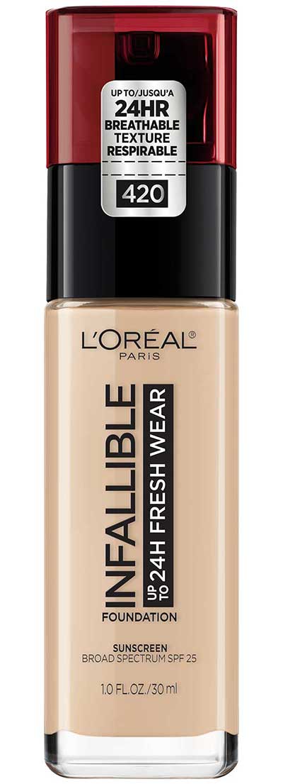 Bottle of L'Oreal Infallible Fresh Wear Liquid Foundation | Best Sweat Proof Drugstore Makeup for Humidity | Slashed Beauty