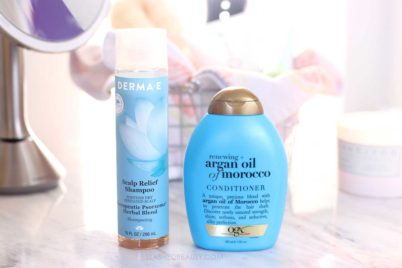 Best Vegan Drugstore Shampoo for Dandruff: Derma E Scalp Relief Shampoo | Best Budget Conditioner for Dry Damaged Hair: OGX Renewing + Argan Oil | Slashed Beauty
