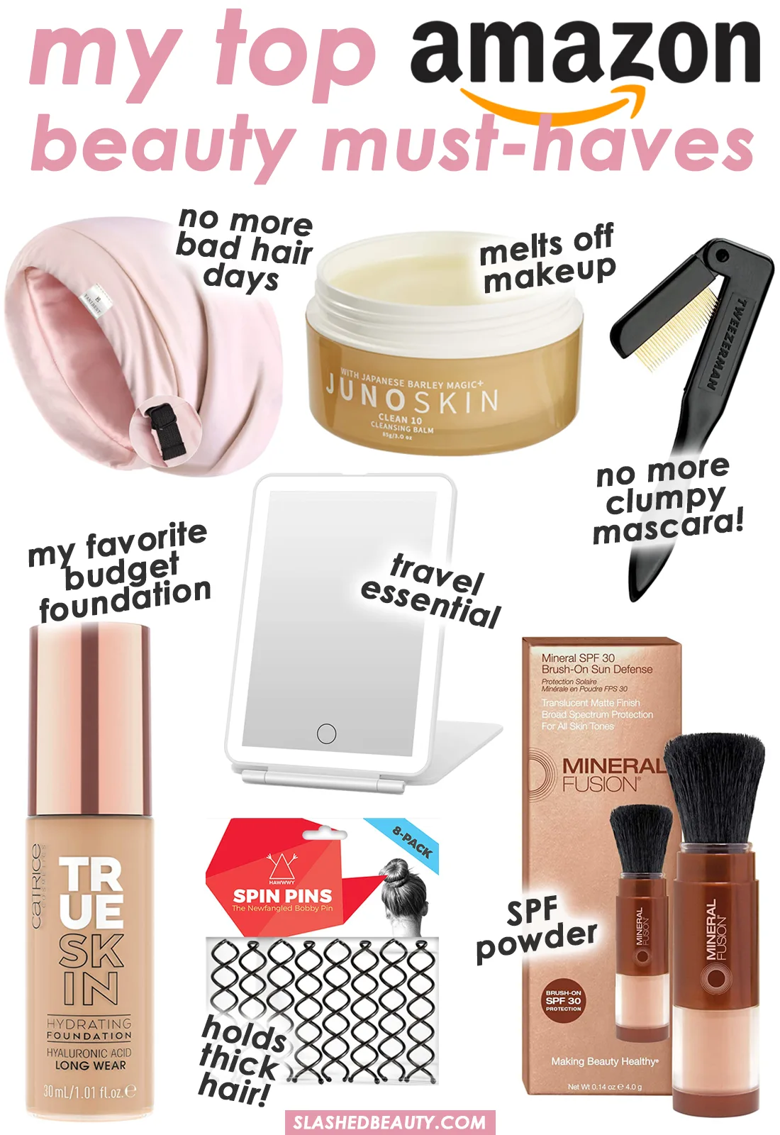 Collage of beauty products found on Amazon with text: My Top Amazon Beauty Must Haves | Slashed Beauty