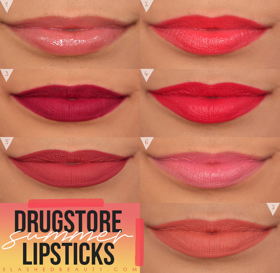 Lip Swatches of 7 Drugstore Lipsticks for Summer in various shades of coral, pink, and red. | Slashed Beauty