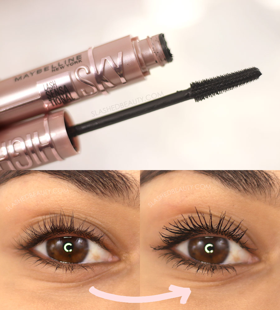 Open tube of Maybelline Lash Sensational Sky High Mascara, and Before and After Application | The 5 Best Drugstore Mascaras for Short Lashes in 2021 | Slashed Beauty