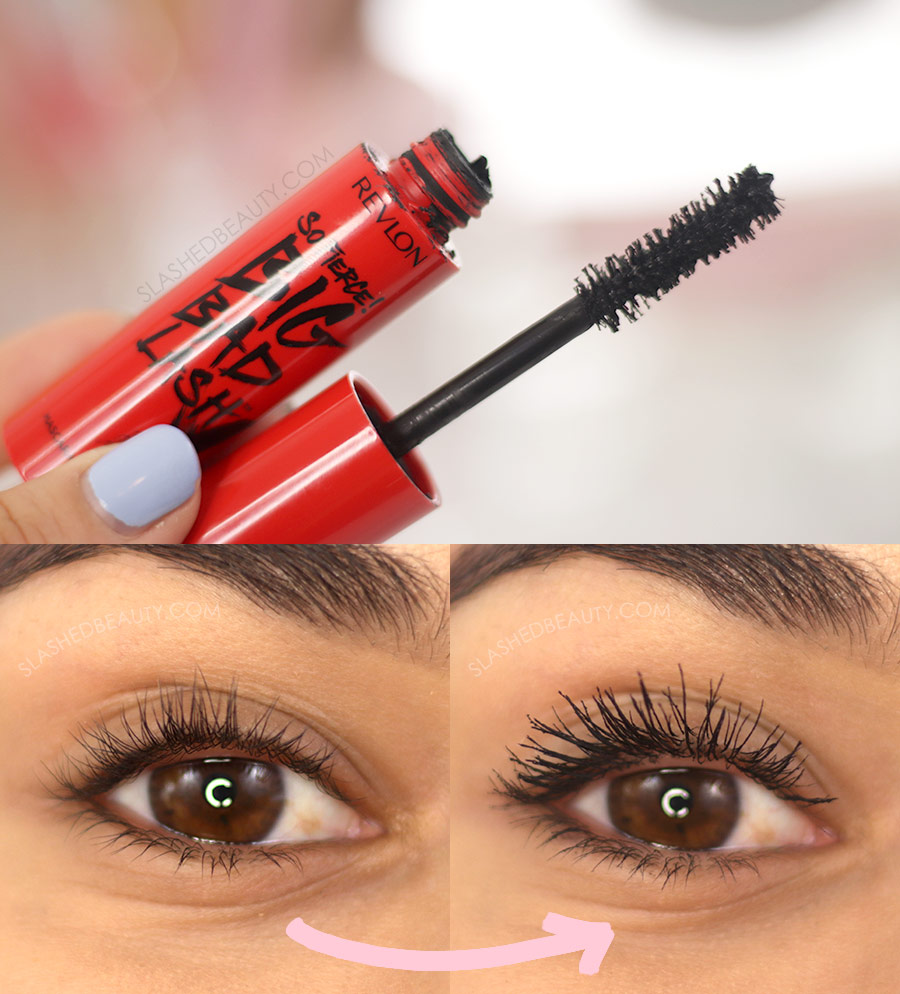 Open tube of Revlon So Fierce! Big Bad Lash Mascara, and Before and After Application | The 5 Best Drugstore Mascaras for Short Lashes in 2021 | Slashed Beauty