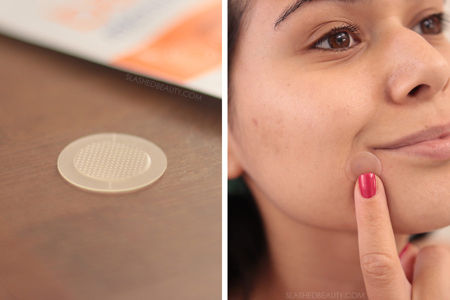 Close up of microneedle acne patch along side a photo of Miranda applying the patch to an acne spot | What is Microneedling: The Skin Benefits of Microneedling at Home | Slashed Beauty