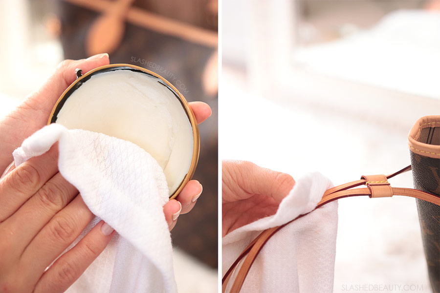 On the left: lathering saddle soap onto a white cloth, on the right: running the cloth over the vachetta leather straps | How to Clean Louis Vuitton Vachetta in 3 Steps | Slashed Beauty
