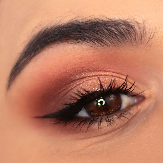 Closeup of coral eyeshadow look created with essence Coral Me Maybe eyeshadow palette | essence Eyeshadow Palettes Swatches & Review | Slashed Beauty
